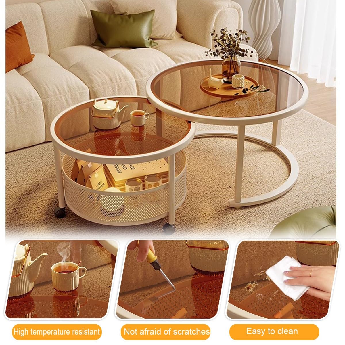 Set di tavolini impilabili con piano in vetro e struttura in metallo, design salvaspazio impilabile per soggiorno, camera da letto o ufficio