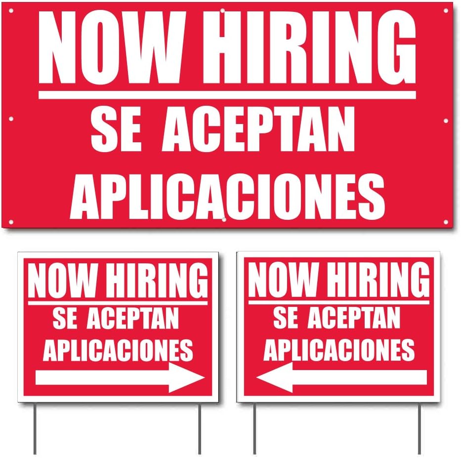 VictoryStore, Now Hiring Se Aceptan Aplicaciones 2 feet x 4 feet (1) Banner & 18 inches x 24 inches (2) Sign Set Now Hiring In Spanish Language, 13485