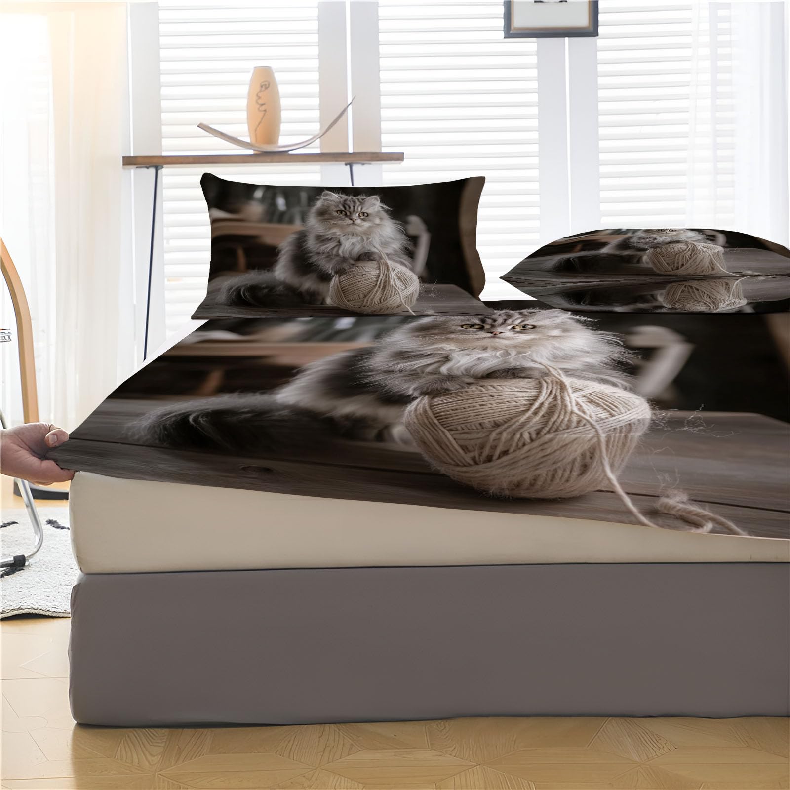 Sábanas 200X190/200Cm - Juego De Sábanas 3 Piezas Estampadas Lindo Gato Persa - Microfibra Suave Transpirable - Sábana Bajera Ajustable - Ropa De Cama Animales Del Campo (Bronceado)