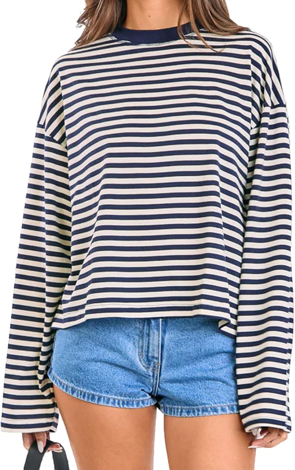 Striped Long Sleeve Shirt Women Oversized Sweatshirt Baggy Tee Shirts Crewneck Pullover Y2K Tops