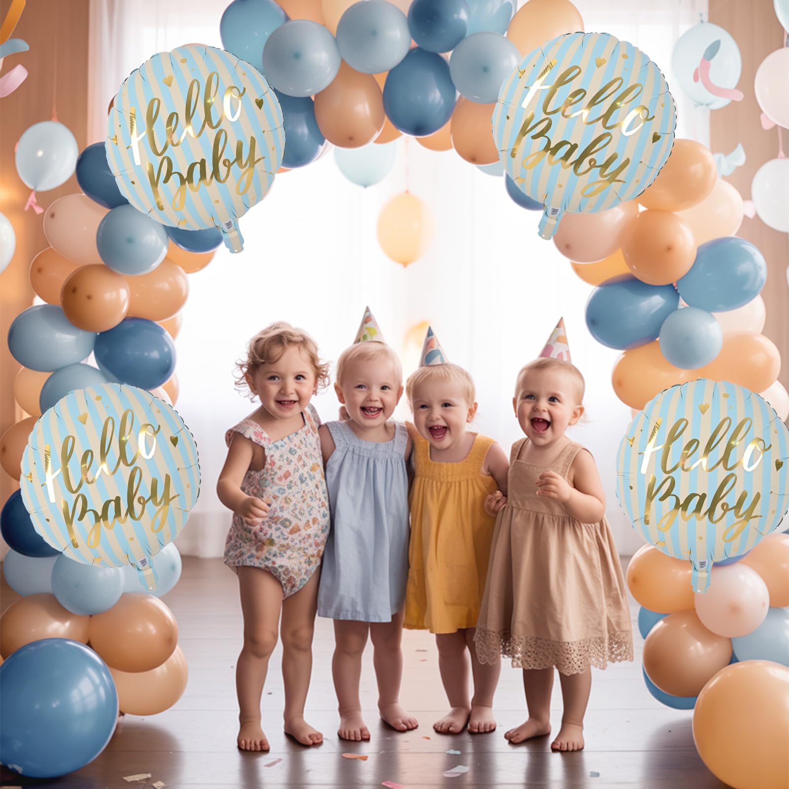 18" Gender Reveal Foil Balloons, 4pcs Blue Stripes Mylar Round Baby Balloon with HELLO BABY Gold Letter Print - Image 4
