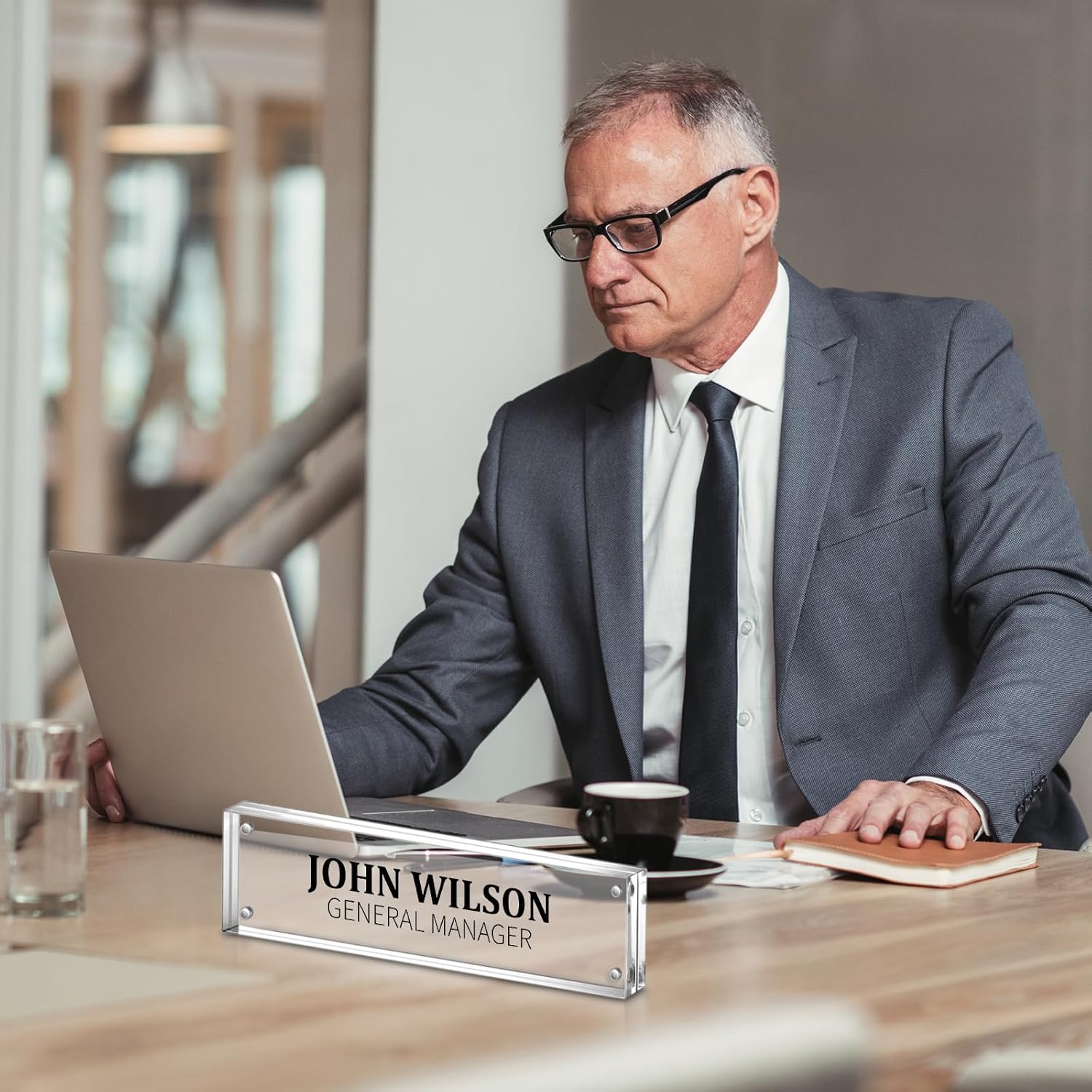 Geetery 2 Pcs Acrylic Office Desk Name Plate Personalized Clear Acrylic Block Double Sided Table Name Plate Holder Business Magnet Frame DIY Desktop Holder Accessories Decor (2" x 8") - Image 5