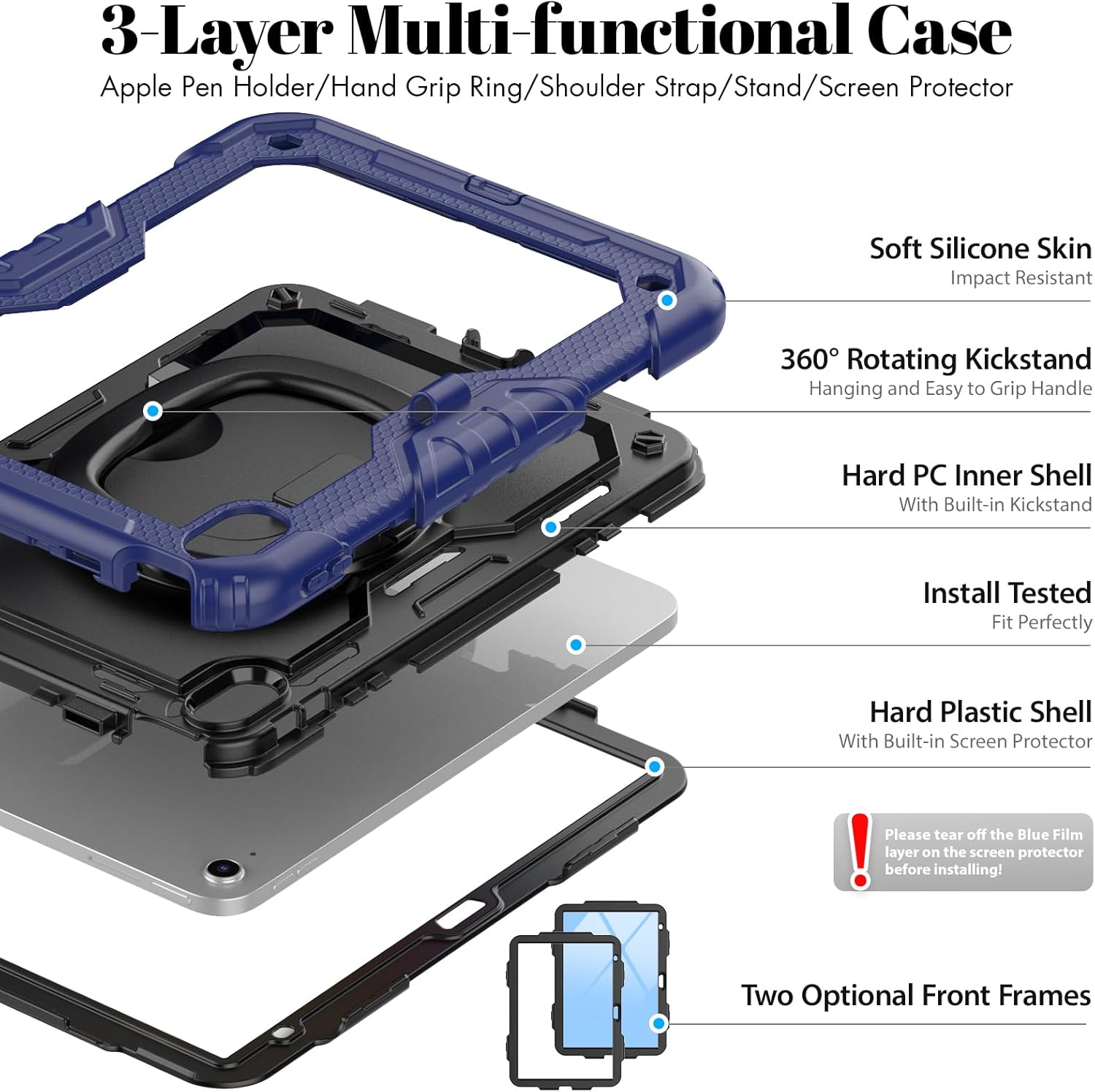 HXCASEAC Case for iPad A16 11th/10th Generation, Full Body Protective with 360 Degree Rotating Handle Stand, Screen Protector, Pencil Holder, Shoulder Strap (A2969/A2757/A3354/A3355/3356) - Navy