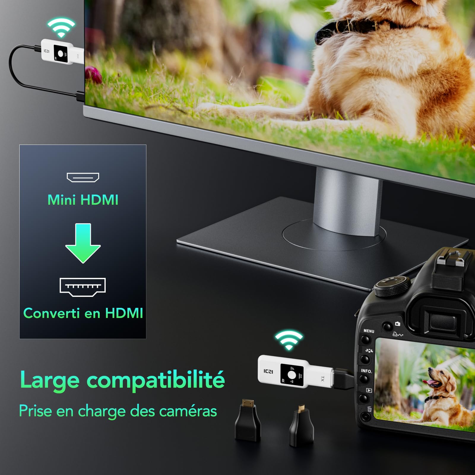 ICZI 4K 30 Hz HDMI sans Fil, avec écran LED, Portée 50 m, 2,4/5,8 GHz, Wireless HDMI pour Ordinateur Portable, Smartphones vers TV HD, Projecteur,Plug & Play,Blanc