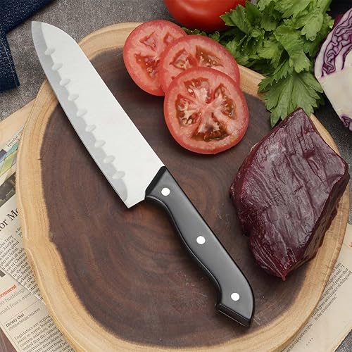 Miniatura 4 de BEWOS Cuchillo Santoku de 7 pulgadas, cuchillo de cocina profesional de acero inoxidable con varilla de afilado, juego de cuchillos de chef ultra