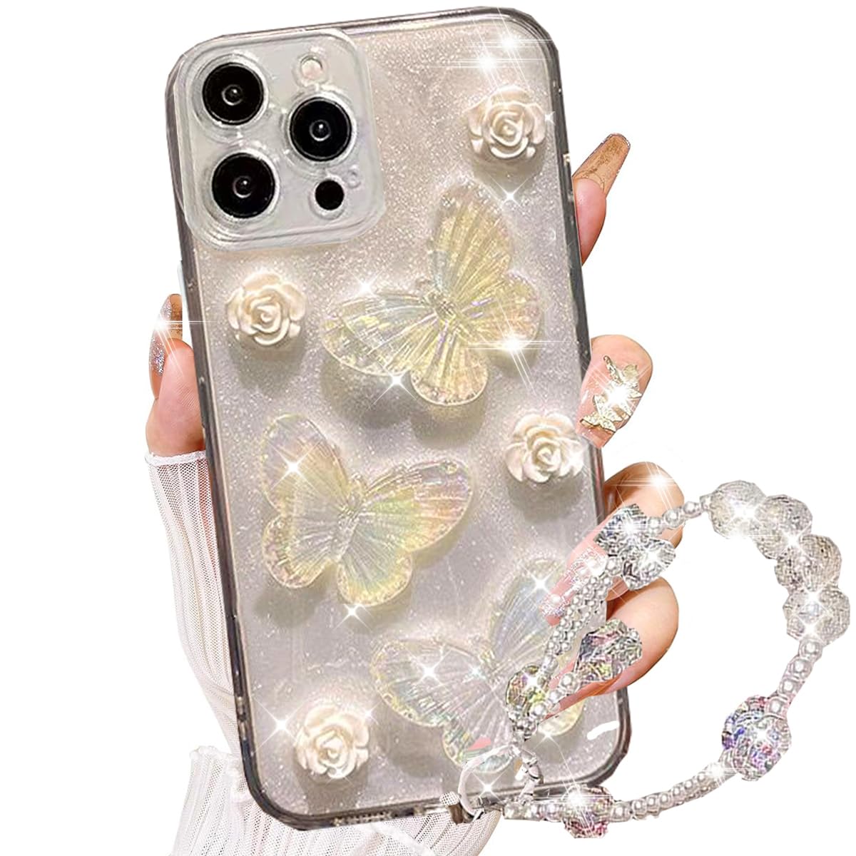 Changjia for iPhone 15 Pro Max Glitter Butterfly Case, Cute Girly 3D Flower Floral Pearl Bling Sparkle with Wrist Strap Chain Soft TPU Aesthetic Women