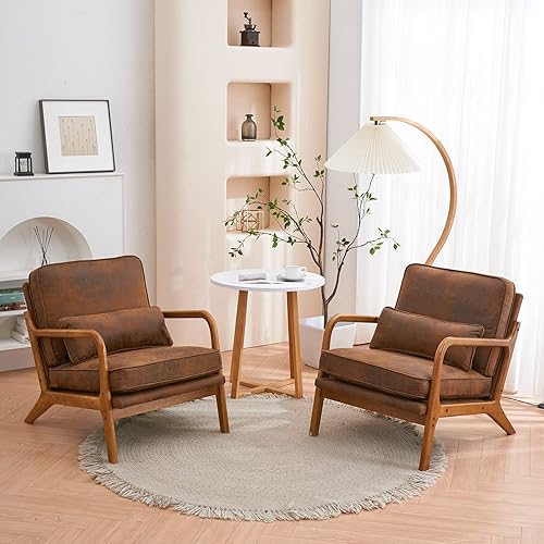VINGLI Cozy Living Room Chairs, Microfiber Rustic Accent Chairs Set of 2, Wood Lounge Chairs for Bedroom, Comfy Mid Century Modern Armchair Upholstered Reading Side Chairs for Adults