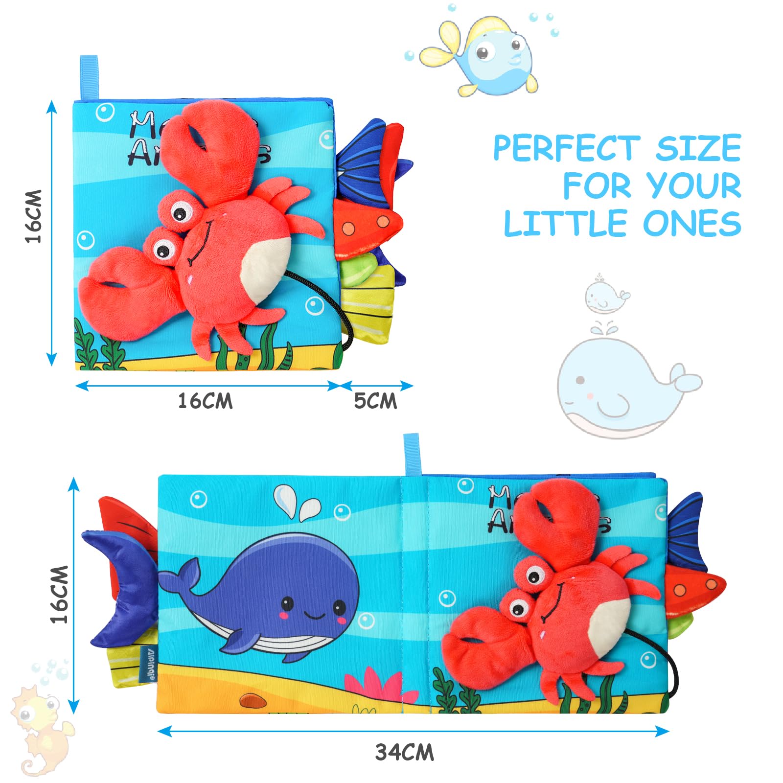 Vicloon Libro di Stoffa, 4 Pagine Interattivo, in Tessuto Morbido, per Bambini con Suono BB, Sensoriali Giochi Neonato Giocattoli Educativi, Granchio