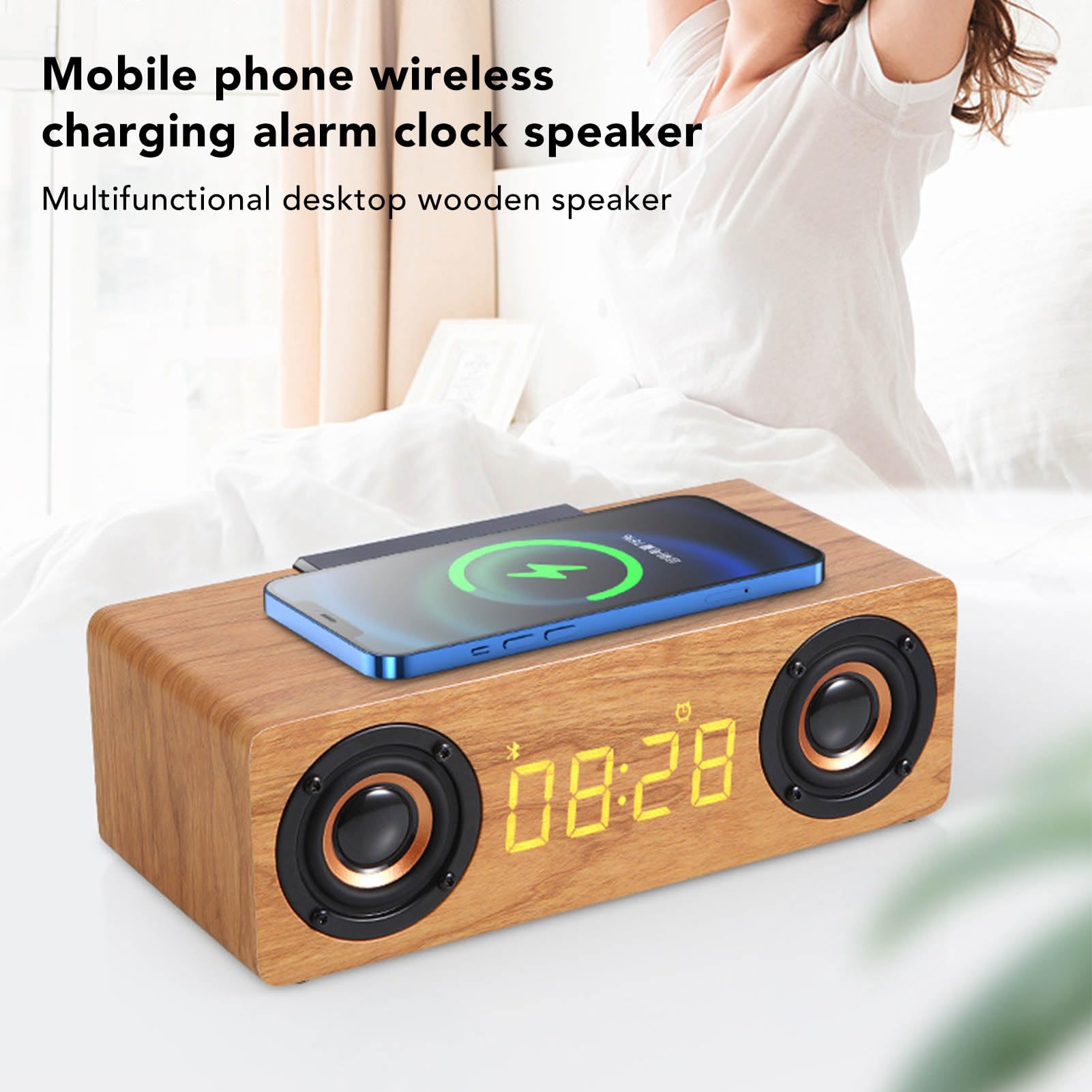 Reloj Despertador de Madera con Altavoz y Cargador de Teléfono Inalámbrico con Radio FM.Reloj Despertador Inteligente para Dormitorio Sonido de