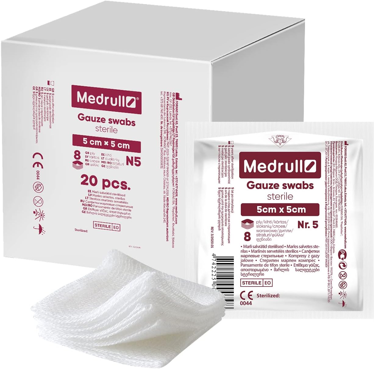 Medrull Gauze Swab Sterile Dressings 5 cm x 5 cm Non-Adhesive Wound Dressings - Extra Absorbent - 8-Ply Packed 5 Pieces - 20 Paper Bags (Pack of 100)