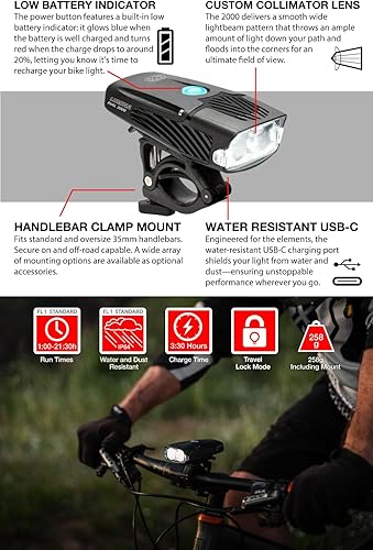 Miniatura 4 de NiteRider Lumina Dual 2000 Lumen USB-C recargable dual LED luz delantera para bicicleta  7 modos potentes lúmenes IP64 impermeable faro de bicicleta