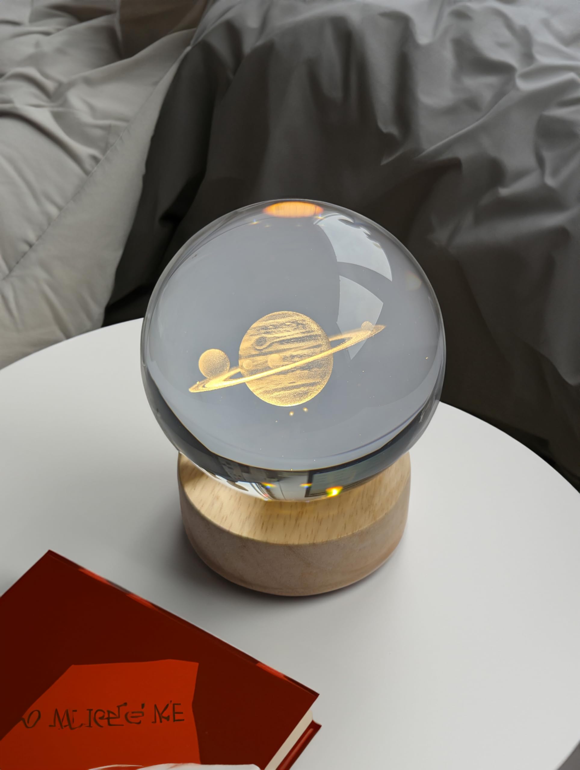 Pfronten Schmuck Hologram Glass Ball (Approx. 8 cm) Planet Ring with Wooden LED Coaster (Approx. 7 cm) 3D Crystal Ball Night Light Mood Light Lamp - Image 2