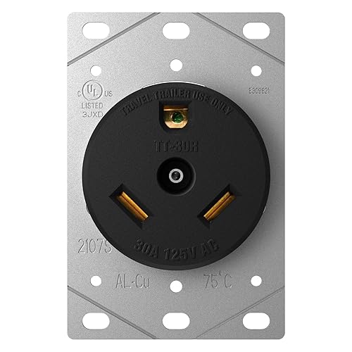 NEMA TT-30R - Receptáculo de salida de remolque de 30 amperios y 125 voltios de 3 clavijas con conexión a tierra para caravanas, caravanas