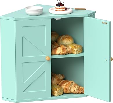 Corner Bread Box for Kitchen Countertop,Storage Container for Homemade Bread, Double Layer BreadBox, Large Capacity Bread Storage Bin, Vintage Farmhouse Breadbox Organizer, Green
