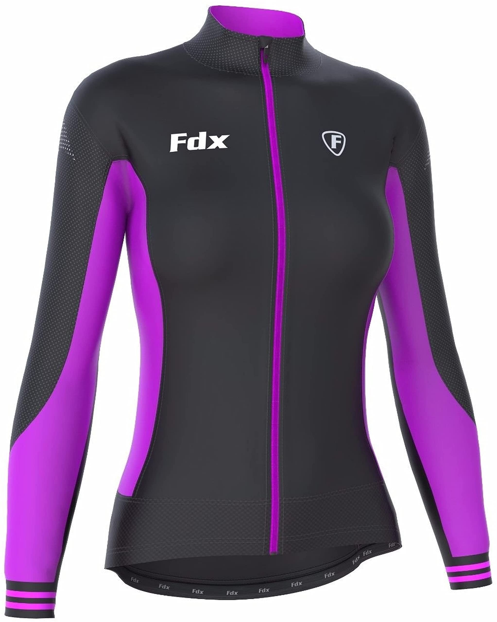 FDX Damska koszulka kolarska Thermodream zimowa ocieplana termicznie rajstopy na szelkach zestaw Combo (czarny/fioletowy, XL)
