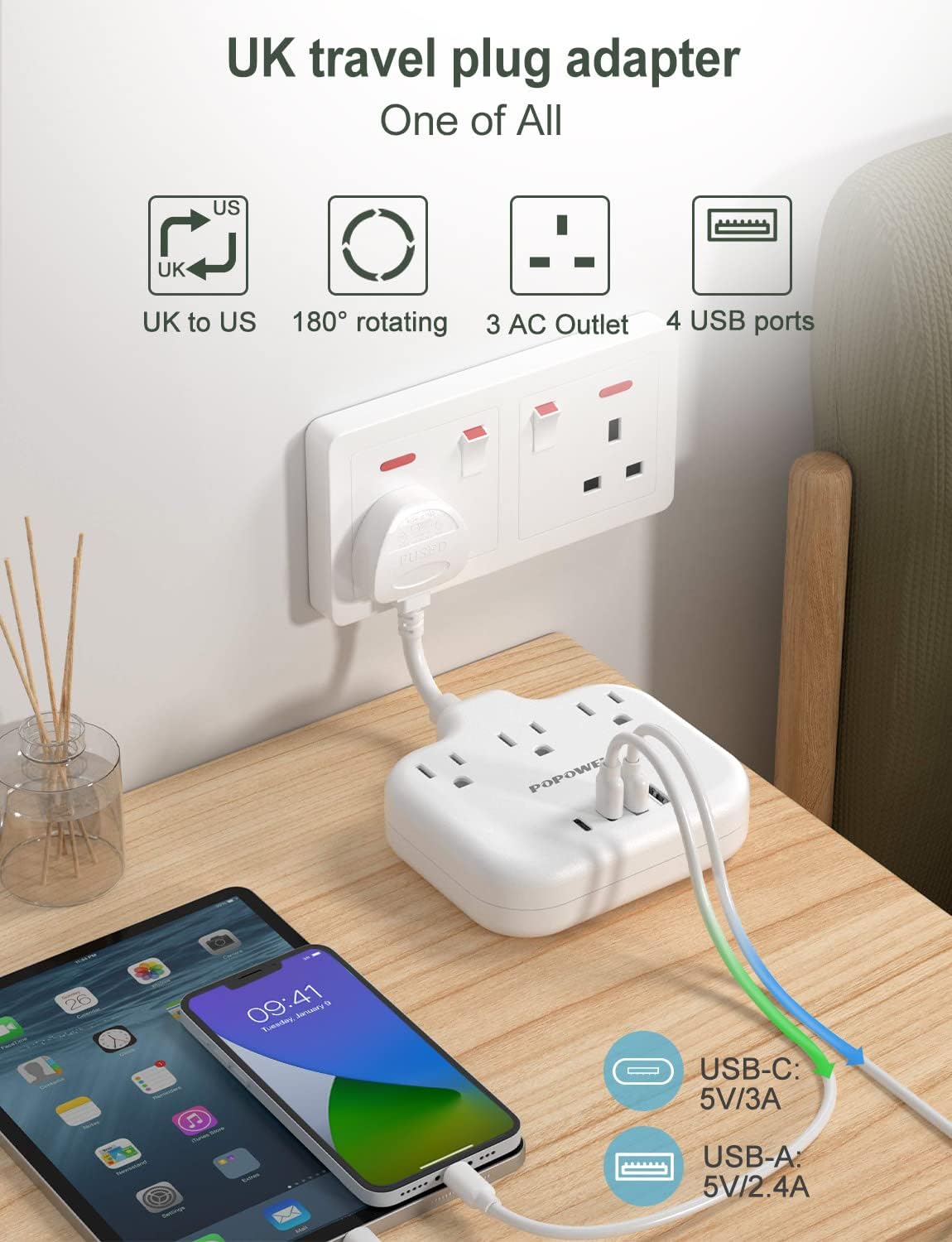 UK Travel Plug Adapter with USB C, UK Power Strip with 4 USB(2 Type-C),Type G, US to UK Plug Adaptor for USA to Scotland British Singapore Hong Kong Dubai, Fuse Power adpater,Non-Block, White