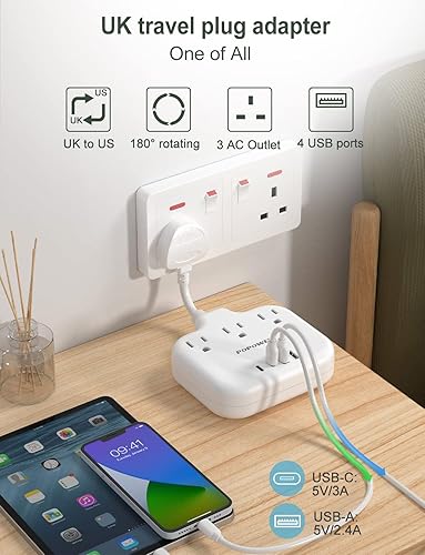 Miniatura 2 de Adaptador de enchufe de viaje para Reino Unido con USB C, regleta de alimentación del Reino Unido con 4 USB (2 Tipo-C), tipo G, adaptador de enchufe