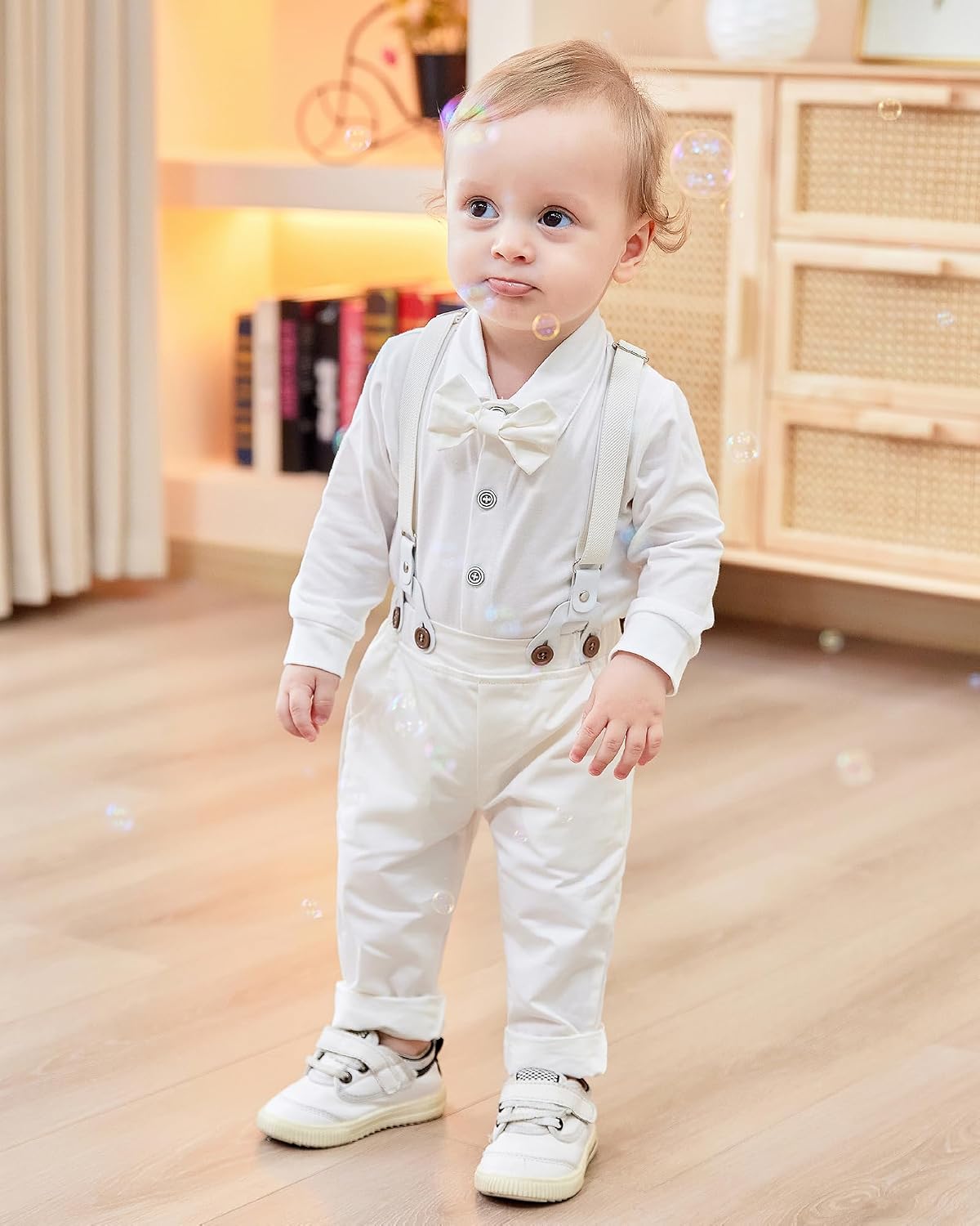 nilikastta Baby Boy Wedding Outfits Infant Baby Boy Clothes Suit Dress Shirts/Suspender Pants/Bowtie/Beret Hat 0-18M