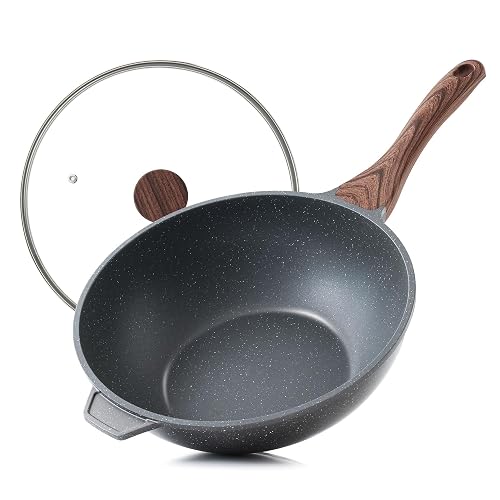 SENSARTE Poêle Wok 28 cm Antiadhésive avec Couvercle, Revêtement Granit