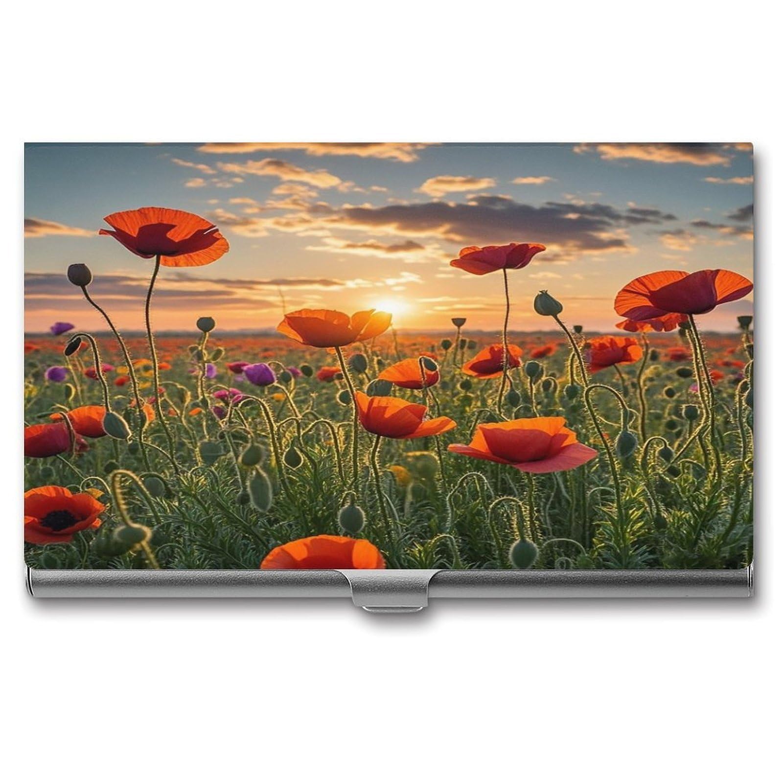 FekiLoot Red Poppy Flower Field in Sunset Business Card Holder for Men Women Metal Slim Organizer Business Card Carrier Wallet Name Cards Holder Retro Slim Pocket Purse Small Portable Card Case