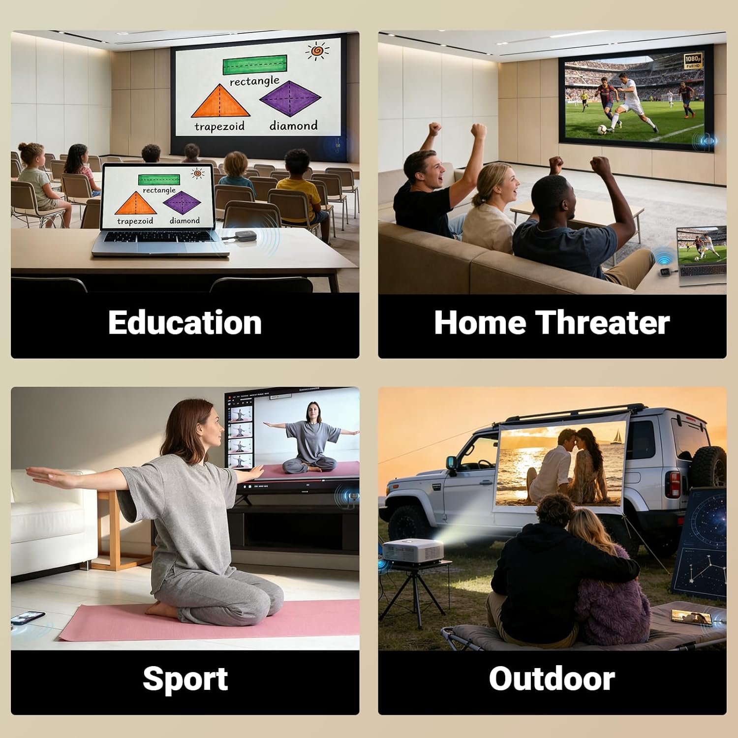 MINIX B21 Wireless HDMI Adapter in various use cases: education, home theater, sport, and outdoor settings