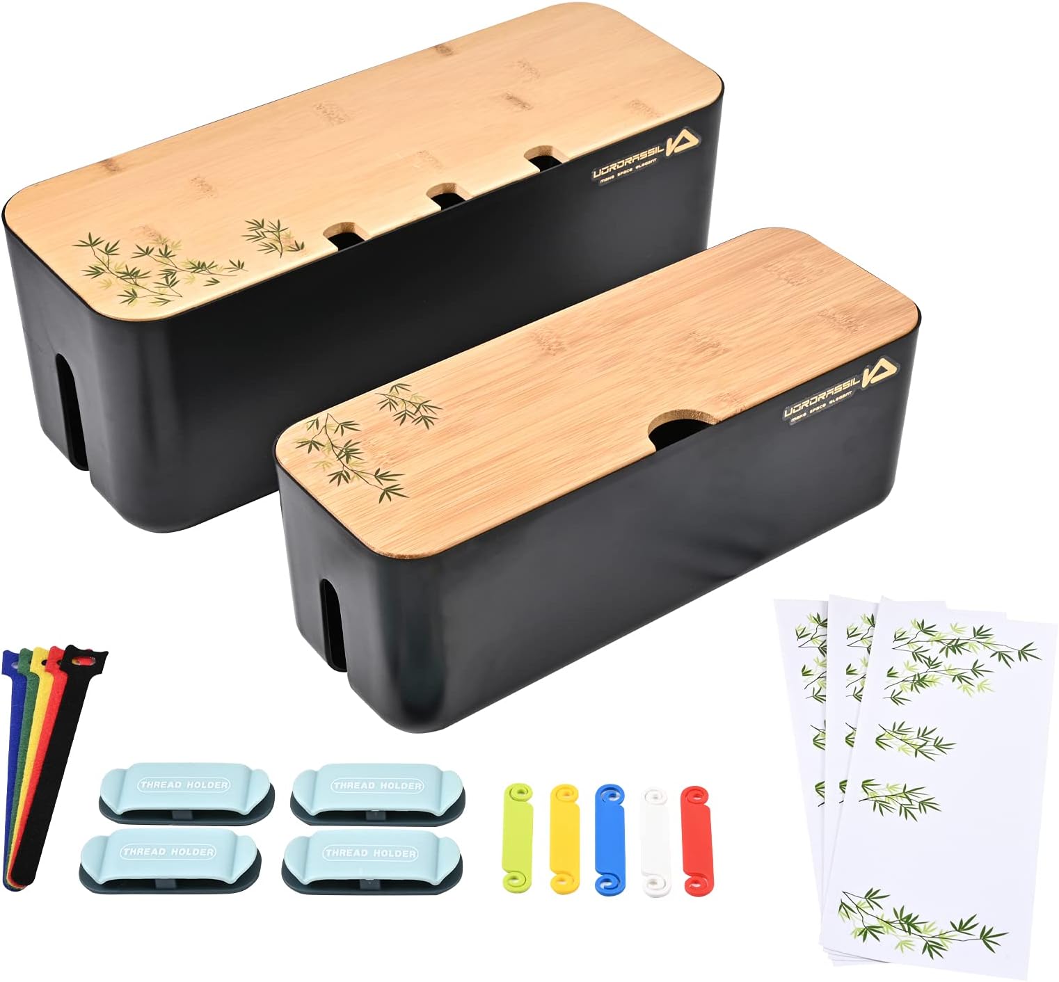 Cable Management Box Organizer for Cords, Computer USB-Hub, TV to Cover and Conceal Power Strips, Etc.-Set of 2, with a Bamboo Lid, Black Case