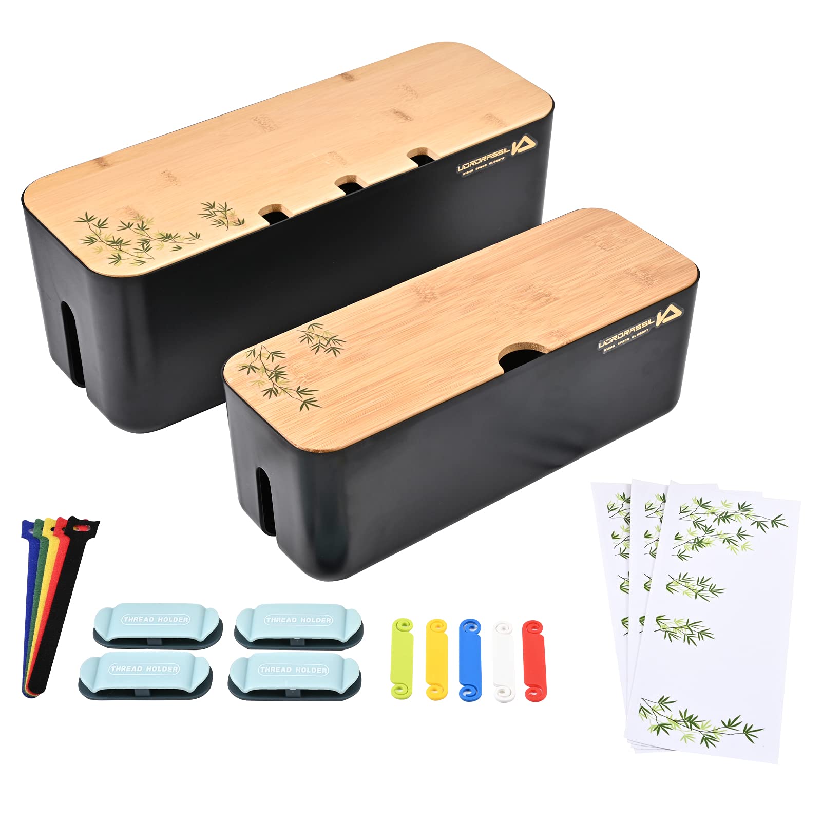 Cable Management Box Organizer for Cords, Computer USB-Hub, TV to Cover and Conceal Power Strips, Etc.-Set of 2, with a Bamboo Lid, Black Case