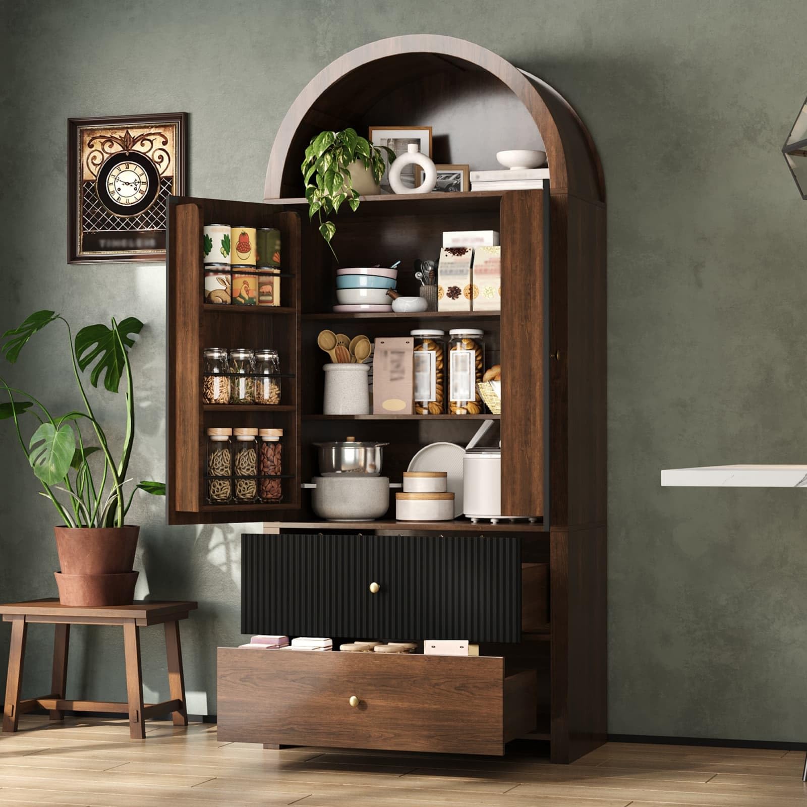 KOMHTOM Armoire de Rangement Haute, Armoire en Bois, Meuble de Rangement, Conception avec Dessus Incurvé, 3 Tiroirs, 2 Portes, pour Cuisine et Salon (Noir+Naturel)