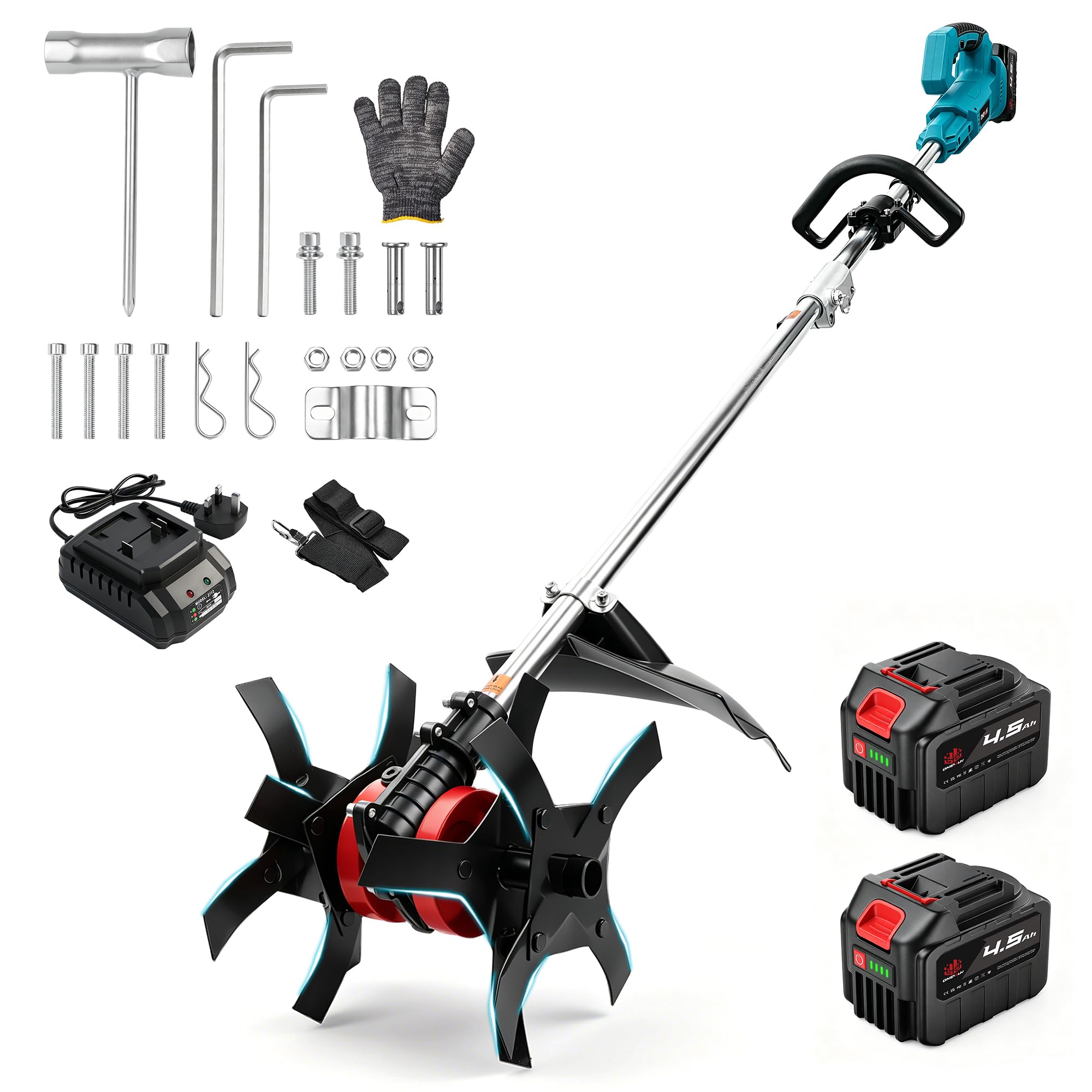 ONEVAN Cordless Tiller Rotavator, 600W Brushless Cultivator, 24cm Tilling Depth & 23cm Width, Upgraded Larger Steel Blades, Adjustable Handle, 2 x 4.5Ah Batteries, for Flower Bed, Vegetable Plot, Lawn