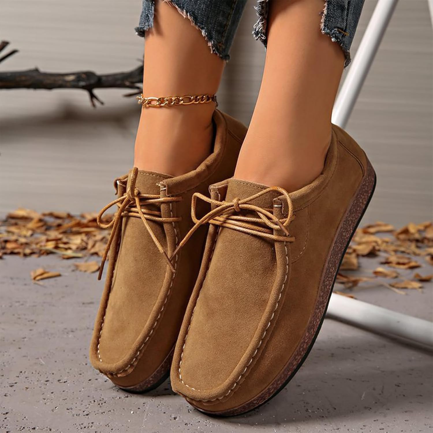 Women's Suede Hand Sewing Lace Up Moccasin Soft Bottom Casual Shoes Comfort Lightweight Non Slip Driving Loafers for Work Daily - Image 4