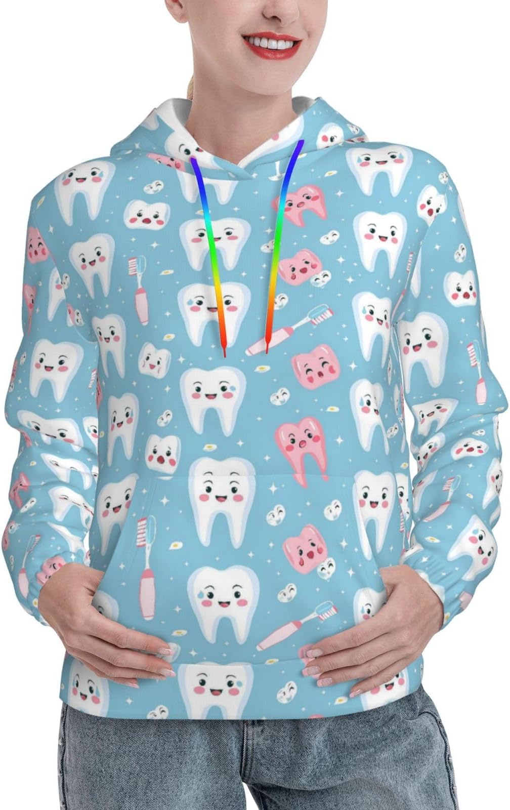 Cute Healthy Teeth Print Women'S Hoodies Casual Drawstring Pullover Sweatshirts With Pocket