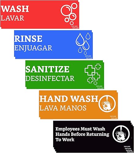 Etiquetas para fregadero de lavado y enjuague con letrero de lavado de manos (12 etiquetas, 2 juegos, 7.3 x 2.5 pulgadas), ideal para restaurantes,