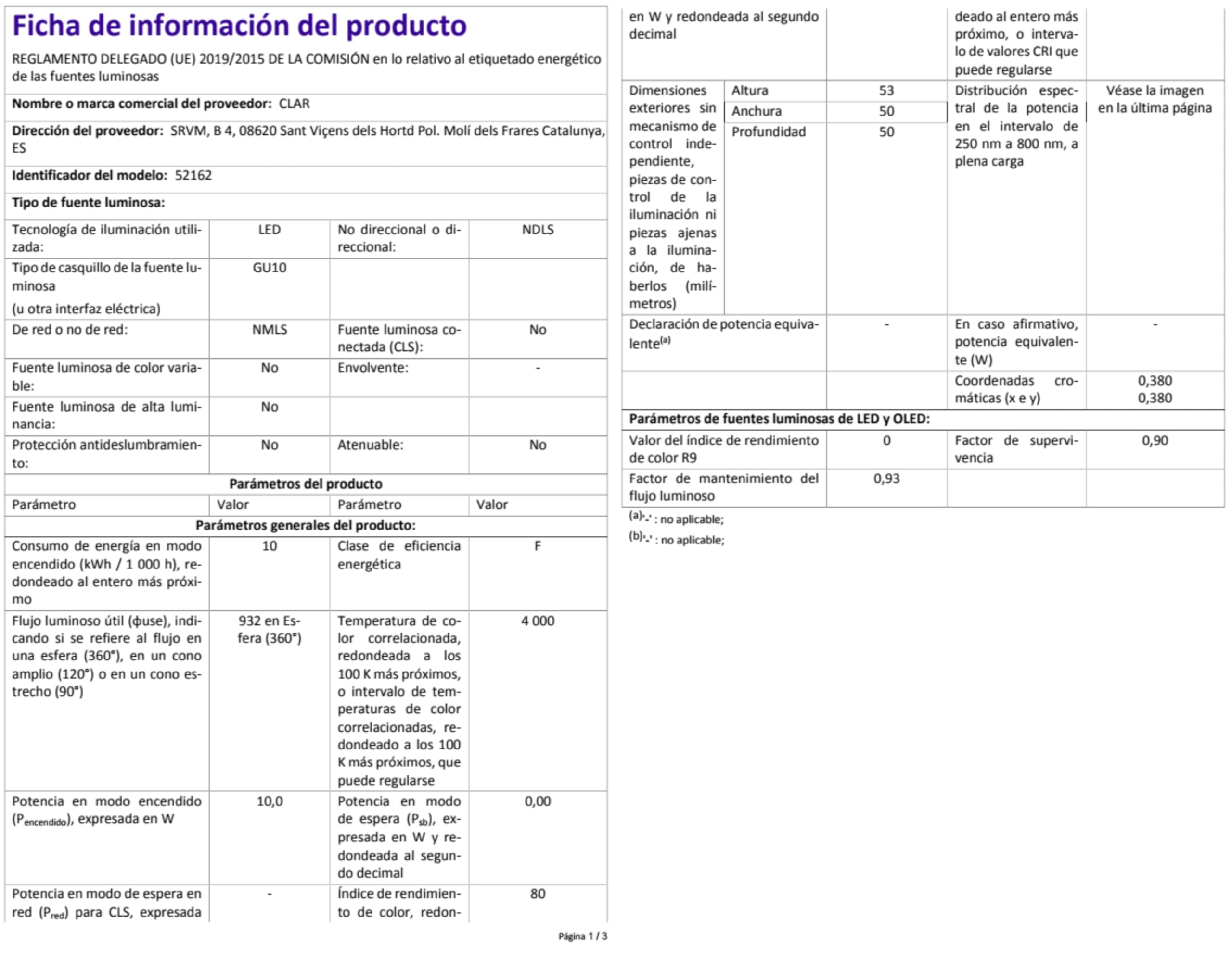 CLAR - GU10 4000K, GU10 LED, Bombilla LED GU10, Ojos de Buey, 10W, Ojo Buey LED (Pack 100)