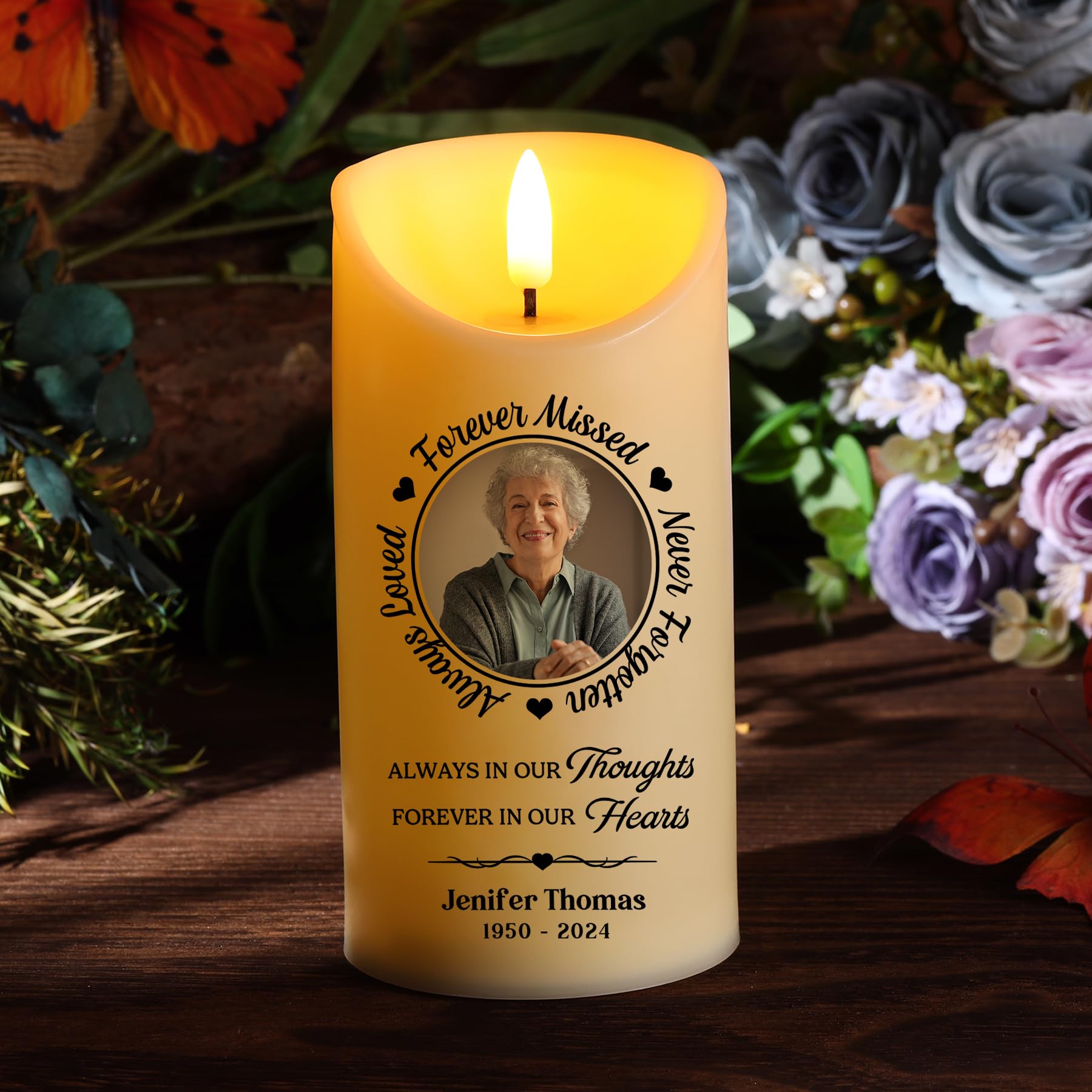 ALBERTBAND Personalised Memorial LED Candle with Photo, Custom Remembrance Candle with Name and Date Gift Memory Candle for Loss of Loved One (D)