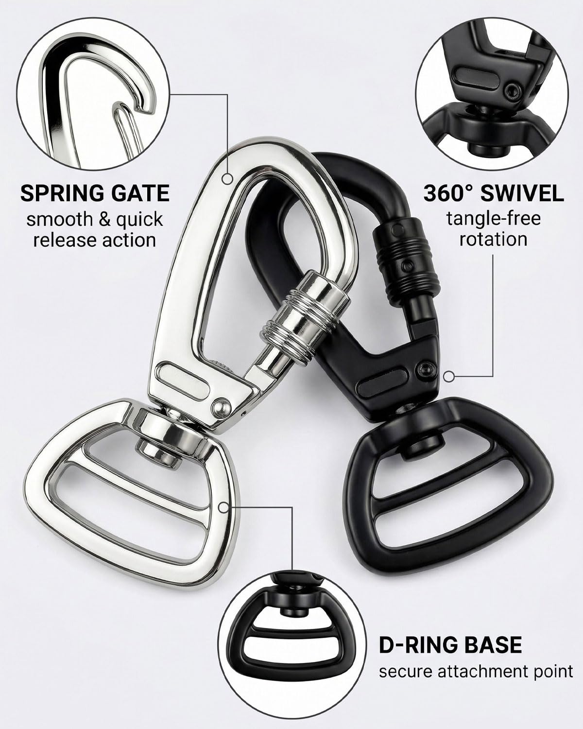2 Pezzi Moschettone Girevole per Cane Guinzaglio e Chiavi Carabiner con Chiusura di Sicurezza a 360° Rotante Gancio Metallico Resistente per Collare Zaino e Attrezzatura Outdoor