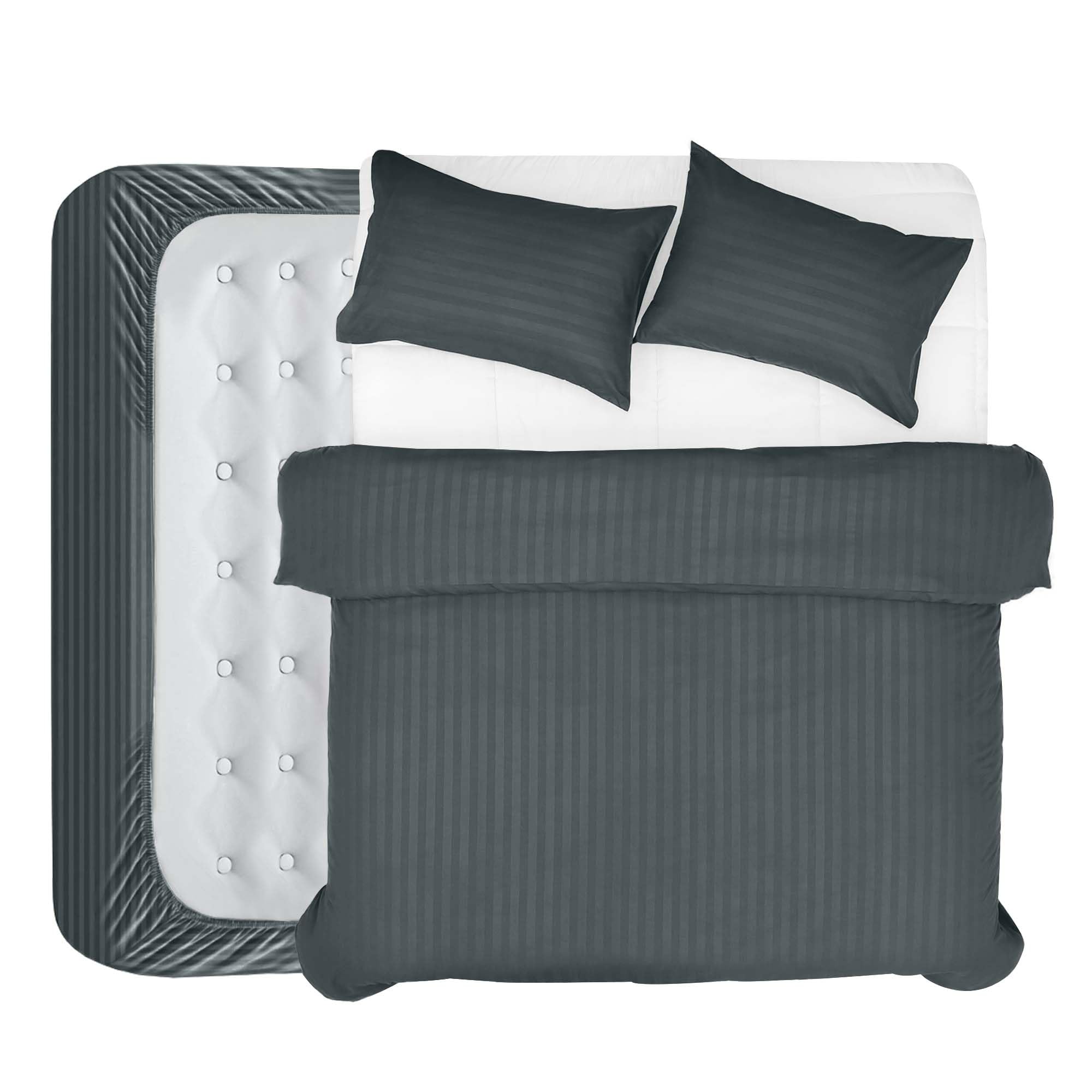 BedLooms 4 King Size Duvet Cover Set - Duvet Cover and Fitted Sheet with Pillow cases - Satin Stripes Soft Brushed Microfiber (Charcoal)