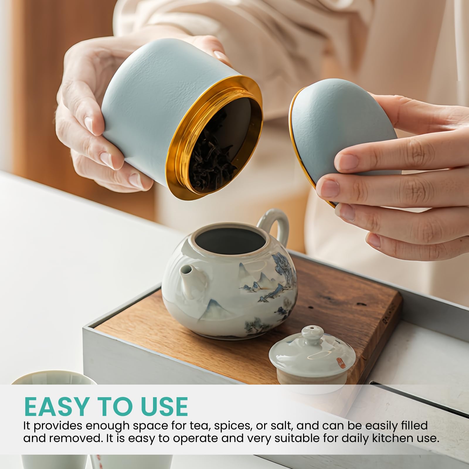 Asfrode Contenitore per tè in ceramica, 160 ml, in ceramica, portatile, con coperchio, per bustine di tè, caffè, spezie, noci