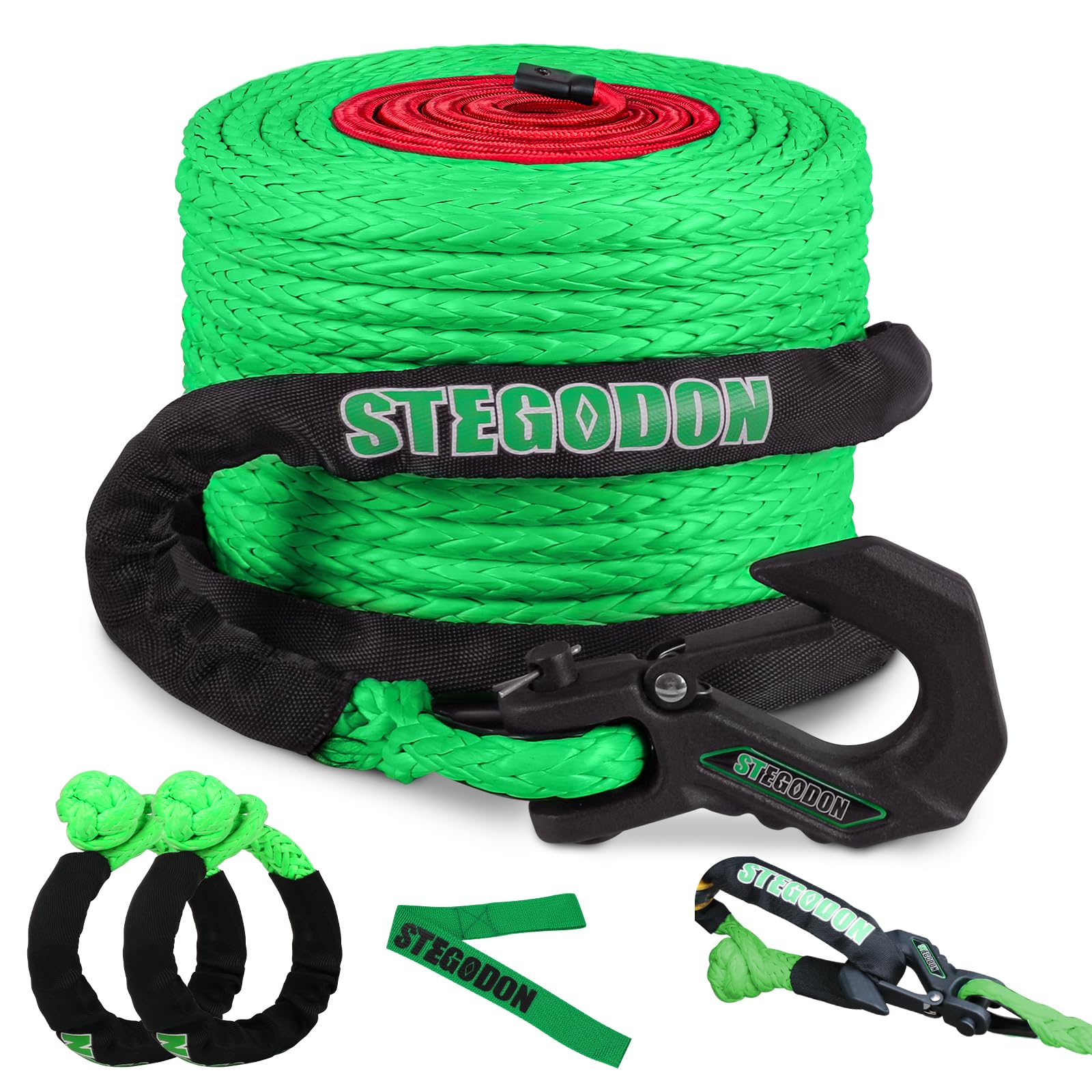 Kit di corda sintetica per verricello da 1/2" x 25,9 m, cavo Dyneema da 14,515 kg con gancio morbido, gancio per verricello e cinghia di sicurezza per traino auto, kit di cavi di recupero per