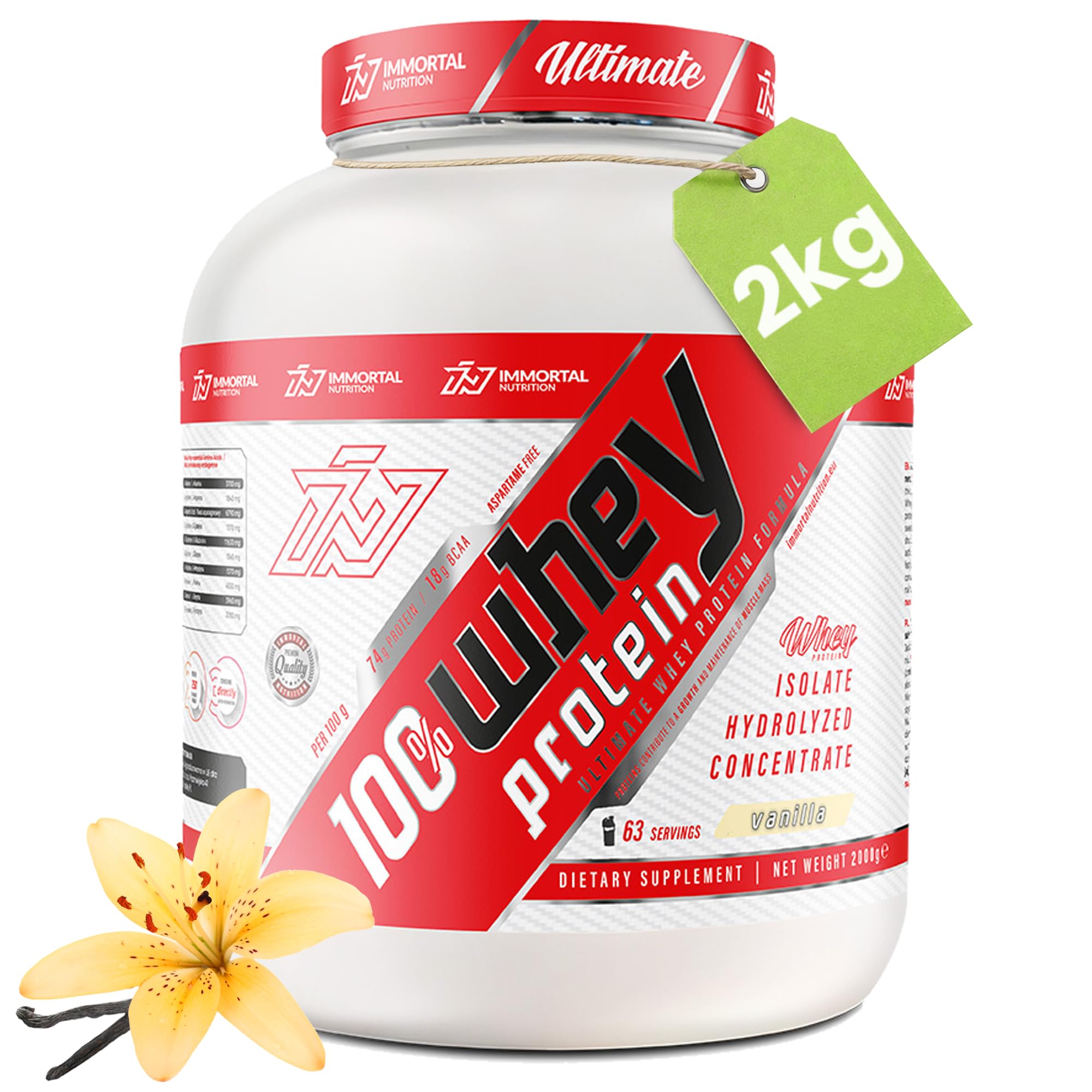 IMMORTAL NUTRITION Whey Protein Instant 2000 g - Białko w proszku z WPC, WPI i WPH | Niska zawartość cukru i tłuszczu | 24 g białka na porcję | Wanilia
