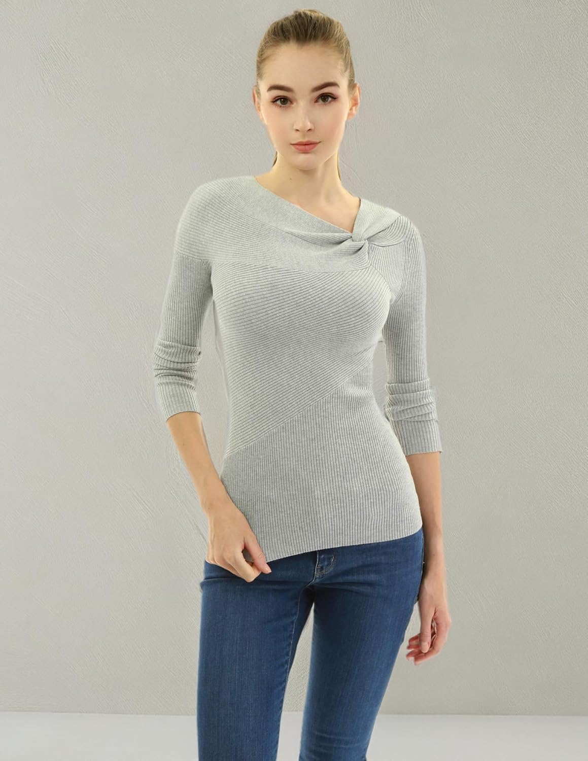 AmélieBoutik Women Asymmetric Twist Knot Neckline Ribbed Sweater - Image 7