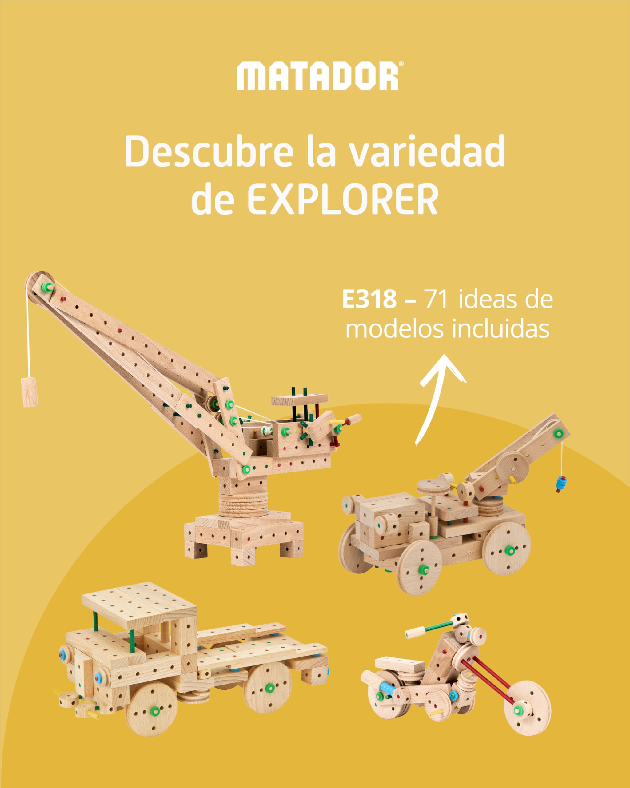 Matador Set de Construcción para Niños Desde 5 Años – 318 Piezas | Juego de construcción en Madera Atractivo para fomentar Creatividad y motricidad Fina, con Varillas, Bloques, Martillo y Pinza