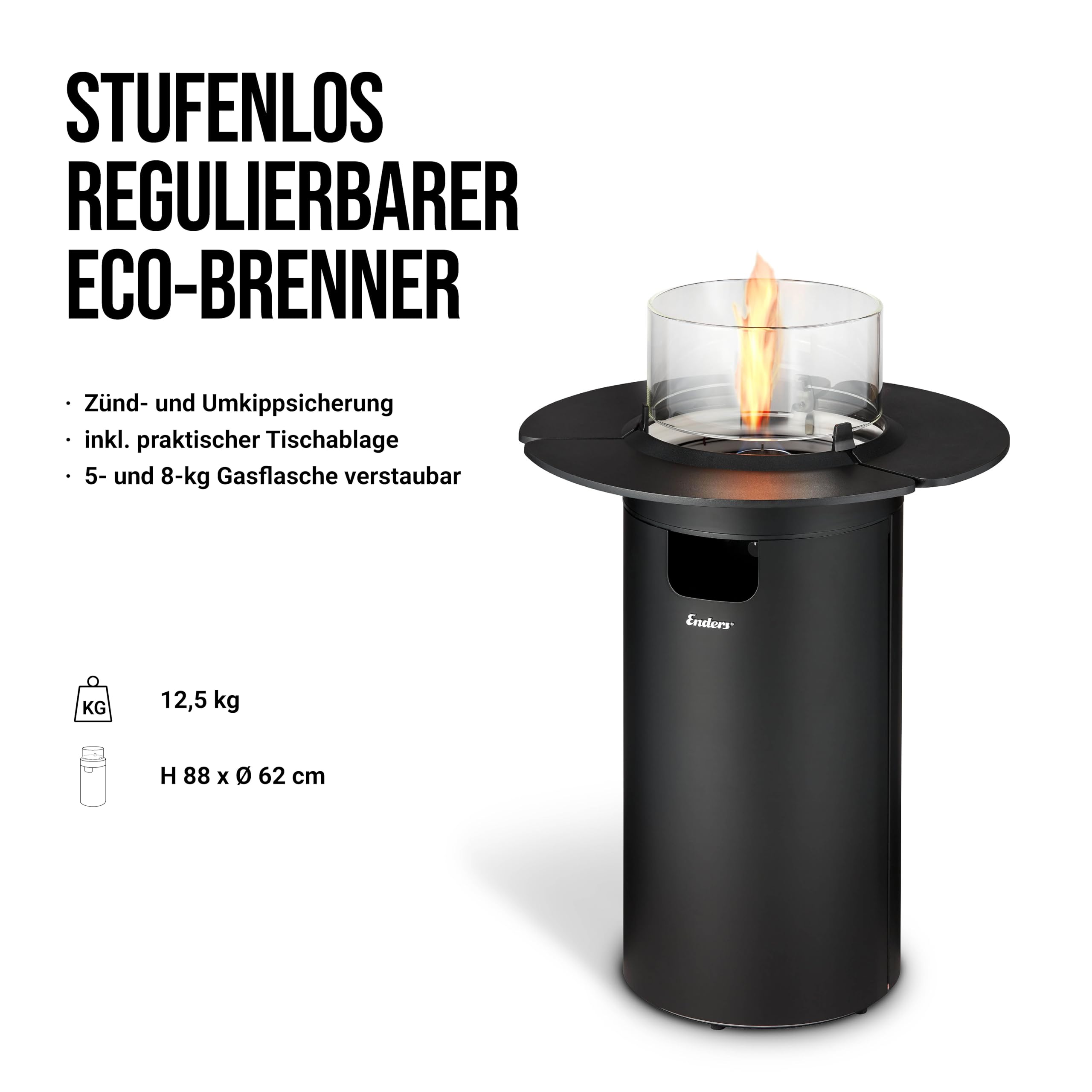 Enders Terrassenfeuer NOVA Table Black M, Gas Terrassenfeuer mit Ambientebeleuchtung, ECO Green Brenner-Technologie, H88cm Ø62cm, Schwarz