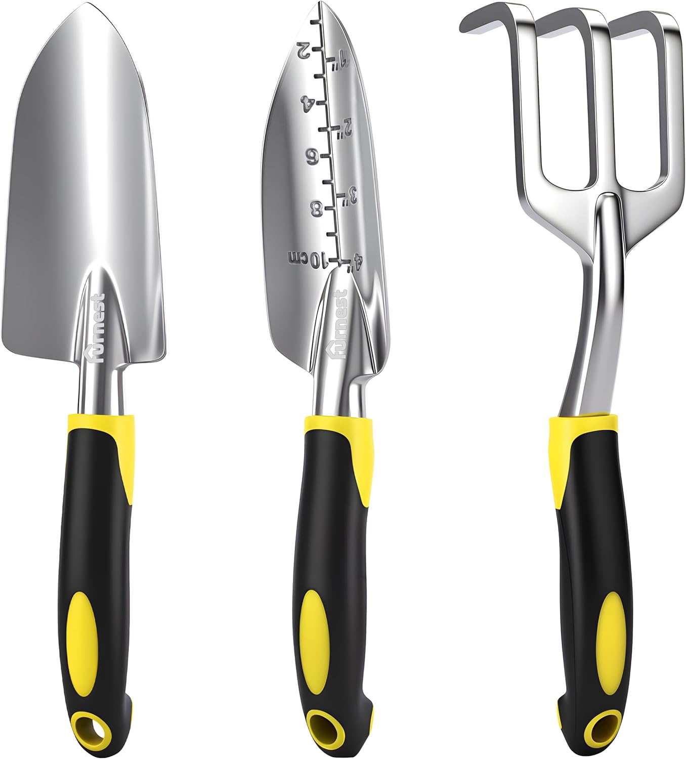 FURNEST 3-Pack Aluminum Garden Tool Set: Heavy-Duty Hand Shovel, Transplant Trowel & Rake for Digging, Weeding, Planting