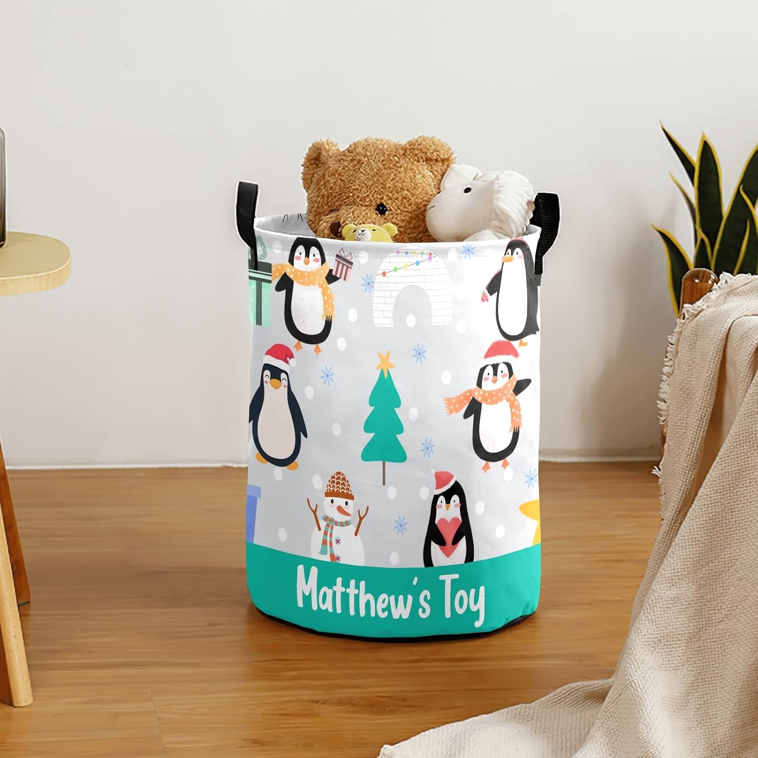 Christmas Penguin Personalized Laundry Basket Clothes Hamper with Handles Waterproof,Collapsible Laundry Storage Baskets for Bathroom,Bedroom Decorative 19.7"Hx14.2"D