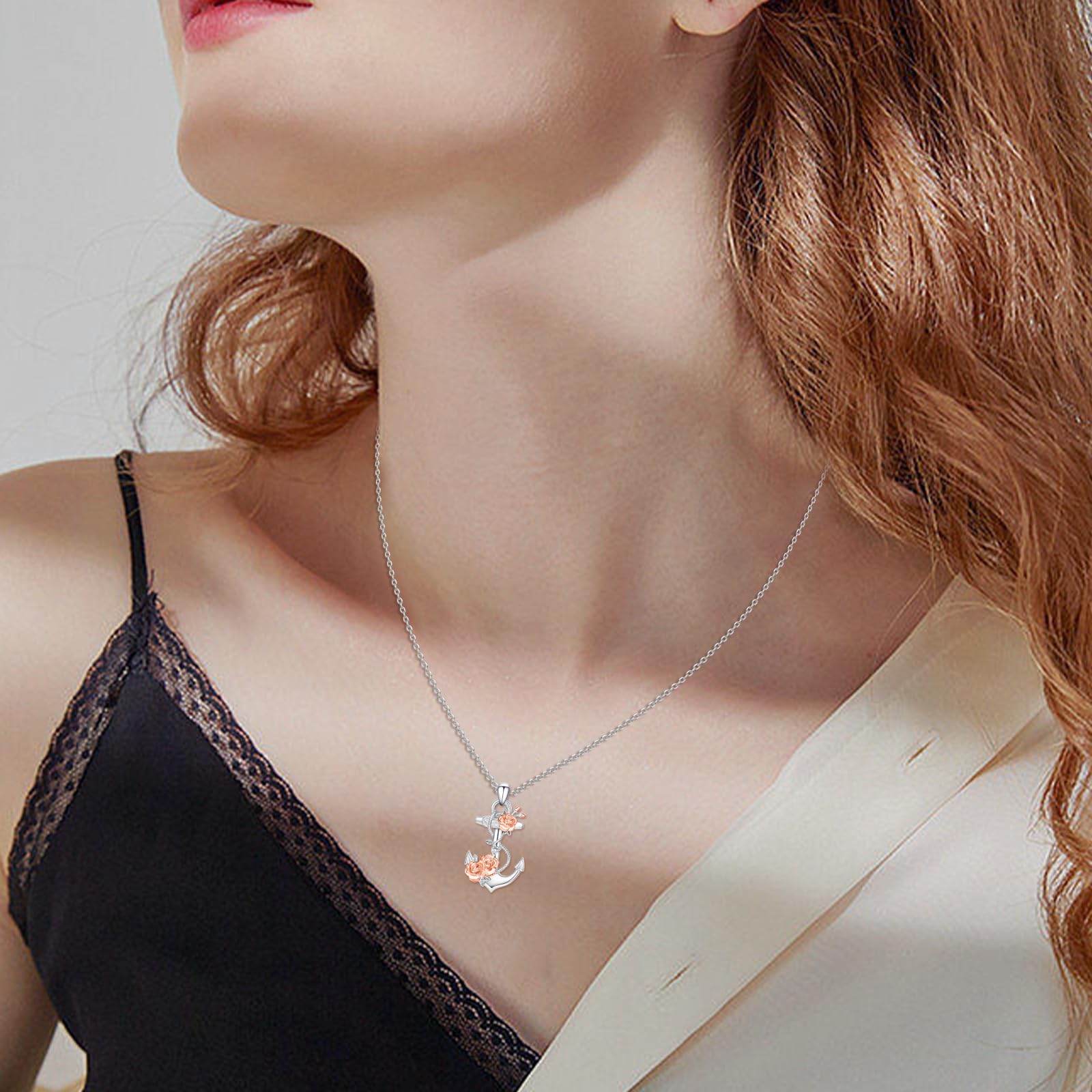 OHAYOO Anker kette für Damen 925 Silber Anker Anhänger Halskette Anker Schmuck Sets Anker Verflochten Mit Rosen Anker Halskette Schmuck für Damen