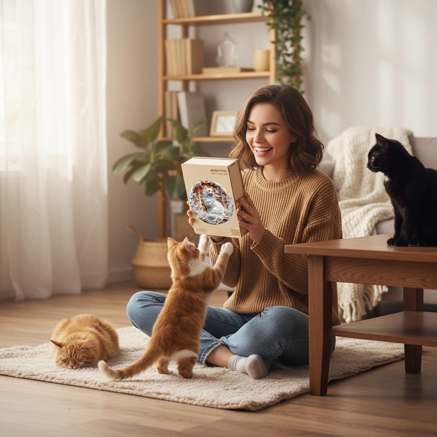 Wooden Puzzles Adults, 3D Cat Puzzle Wooden Puzzles 300 Pieces, Unique Animal Shaped Wood Challenging Jigsaw Puzzles Gifts for Adults,13.4x13.4in