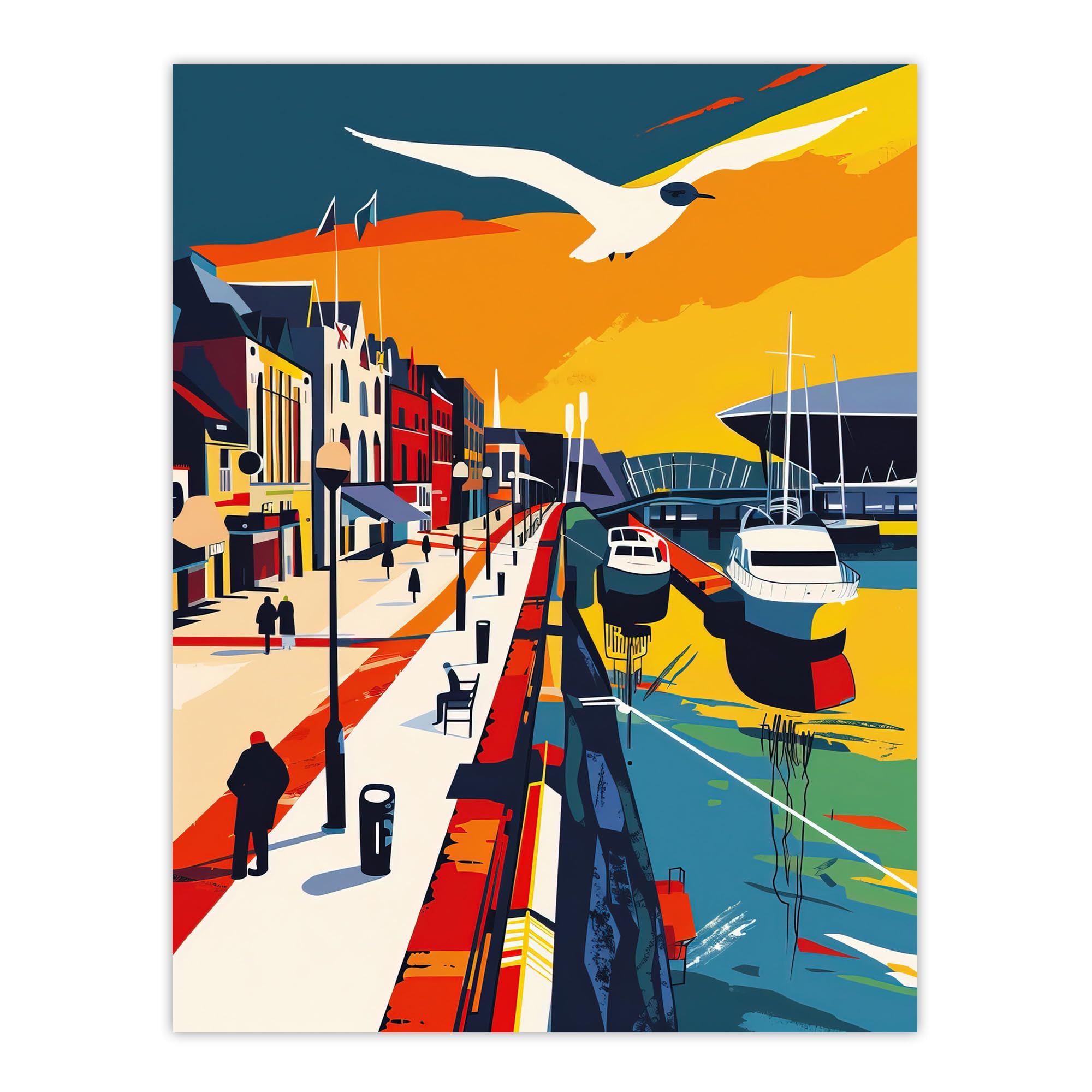 Artery8 Bright Colourful Cardiff Bay Artwork Bold Sunset Living Room Extra Large XL Wall Art Poster Print
