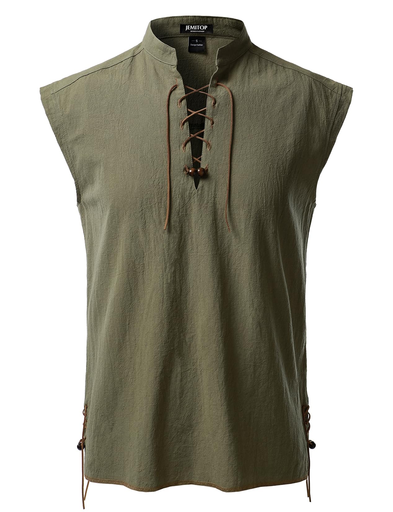 JEMITOP Men's Retro Renaissance Costume Lace Up Sleeveless Shirts for Pirate Medieval Viking Halloween Cosplay Army Green XXXL