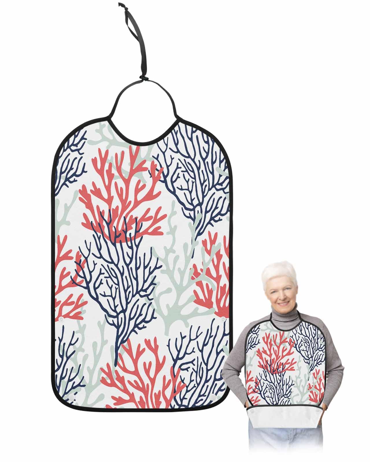 LEOKOTI Red Navy Blue Coral Coastal Adult Bibs for Eating, Waterproof Bibs with Food Catcher & Snap Closure, Summer Beach Seaside Nautical Washable Clothing Protectors Adult Bibs for Elderly