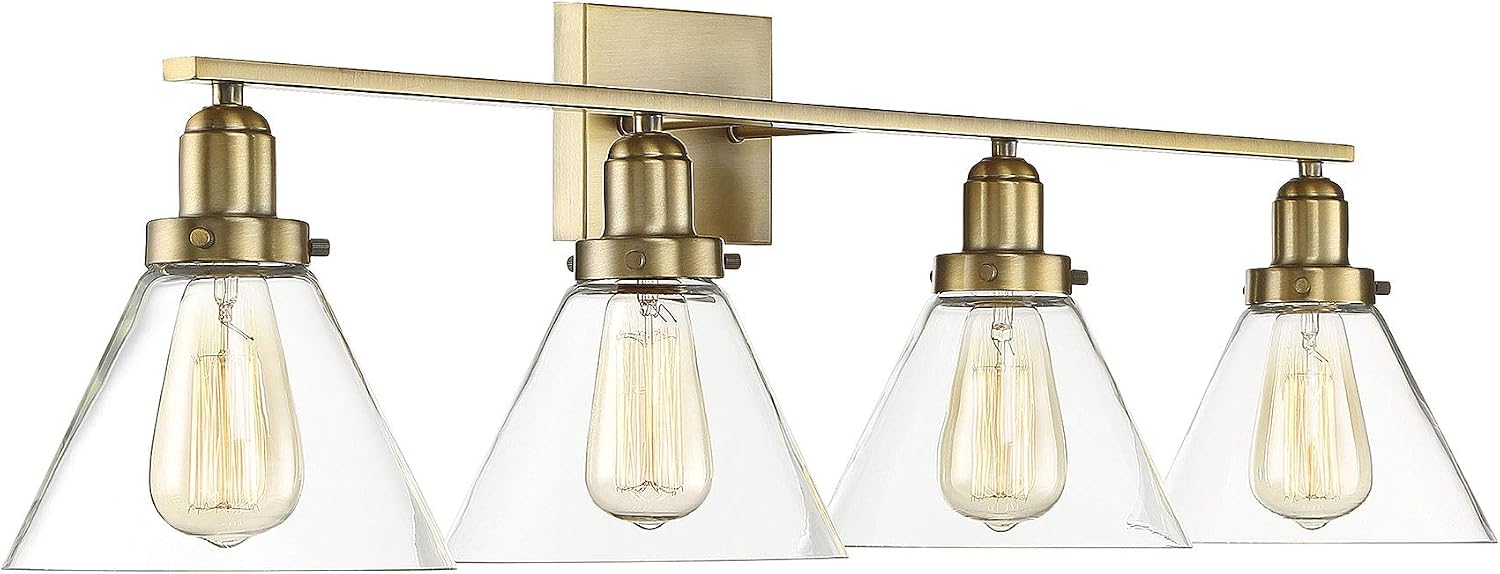Savoy House 8-9130-4-322 Drake Farmhouse Vintage Industrial Clear Glass Bathroom Vanity Wall Light, 4-Light 240 Total Watts, 10" H x 38" W, Warm Brass